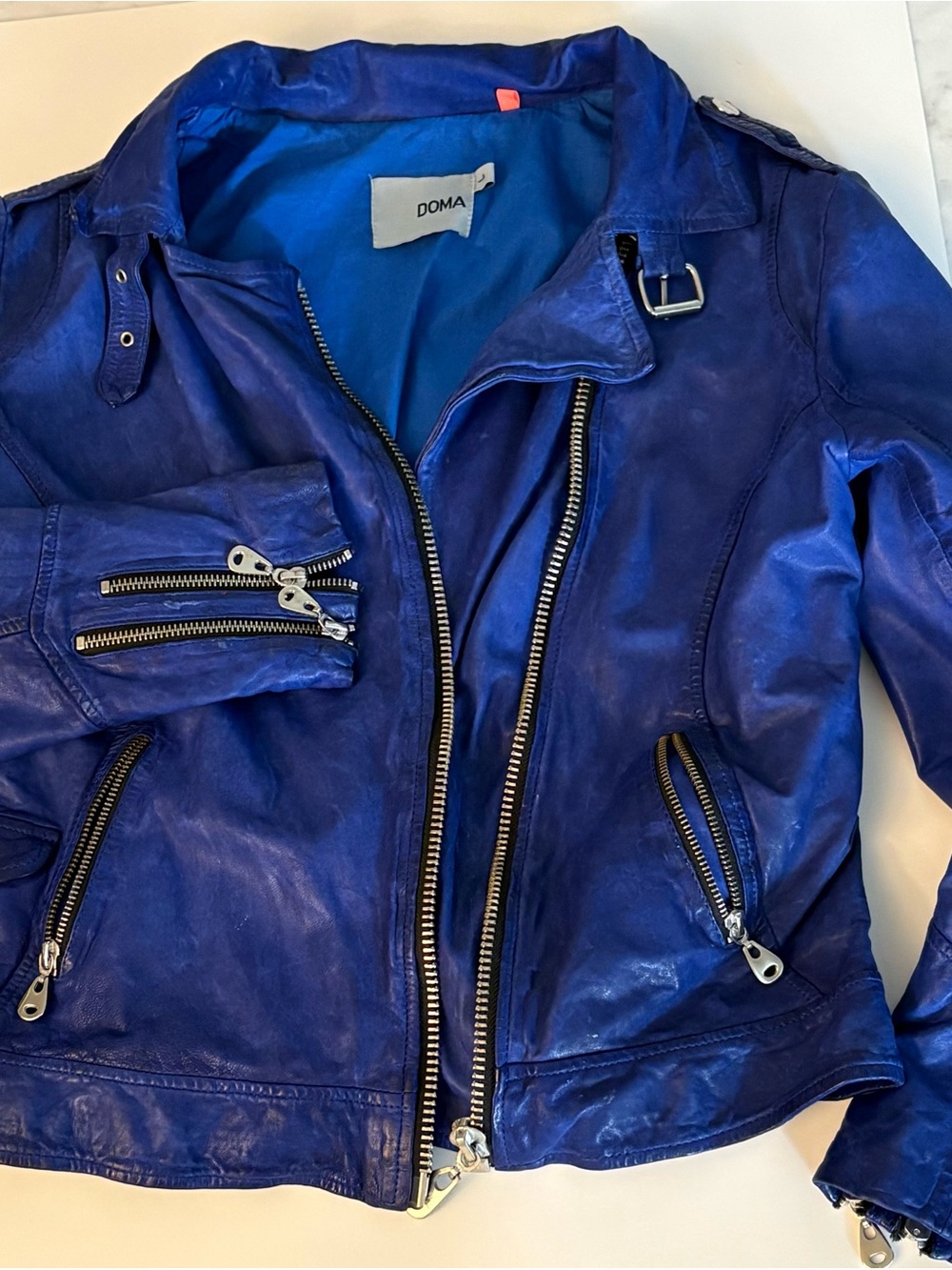 Doma Electric Blue Leather Moto Jacket with Silver Hardware